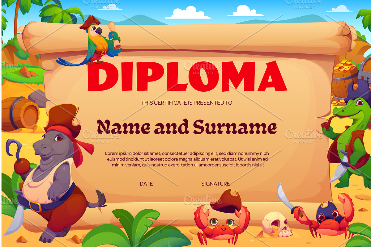Kid diploma certificate with pirates, an Animal Illustration by Vector Tradition