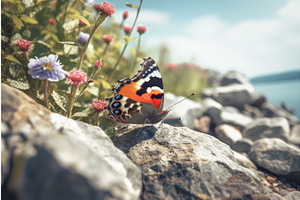 Butterfly Flowers Stone. Generate AI