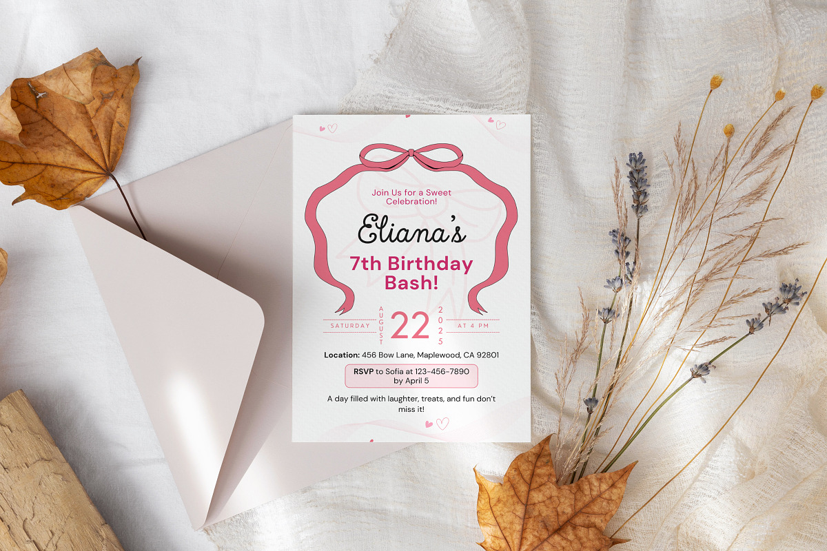 Pink Bow Birthday Invitation Temp, an Invitation Template by Snapybiz (Photo 2 of 10)