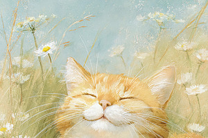 Ginger cat enjoying a peaceful moment in a daisy meadow, smiling, an Illustration by Studio ANNA