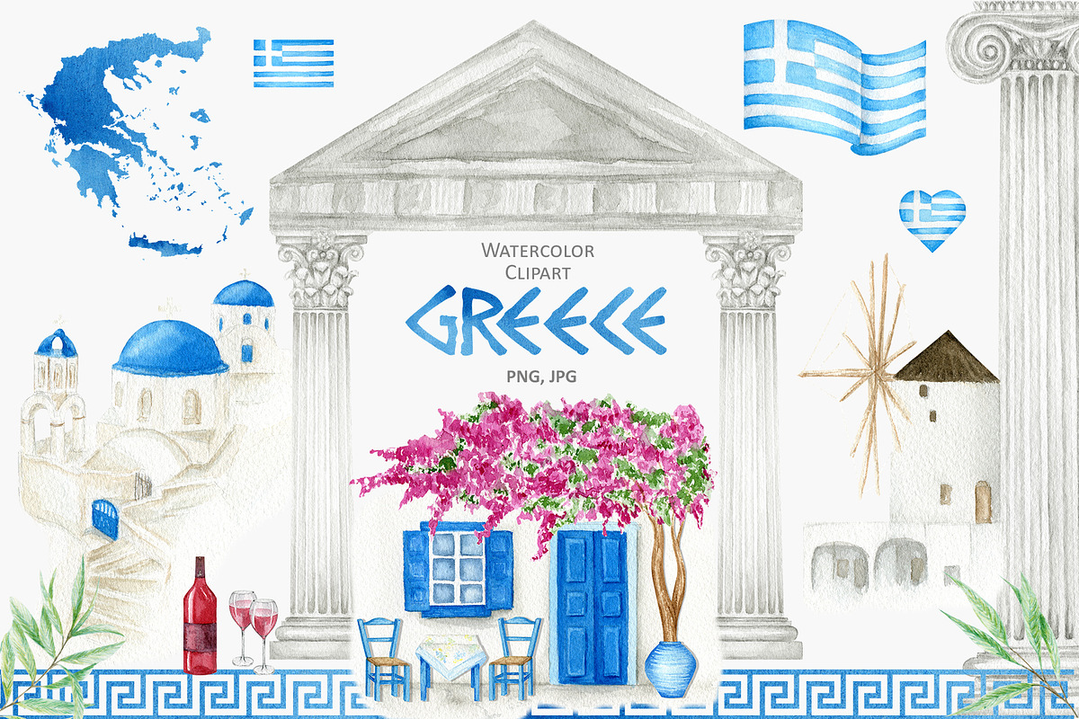 Santorini Greece Watercolor Clipart, an Object Graphic by svetlanaARTdreams (Photo 1 of 12)