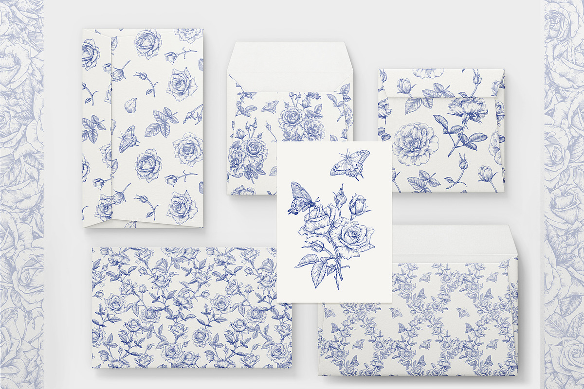 Roses Vintage set Blue Toile Vector, an Object Graphic by ON_lineart_store (Photo 7 of 10)