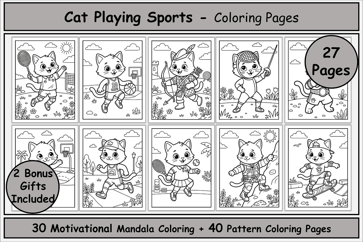 Cat Playing Sports Coloring Pages, an Animal Illustration by Lamia Emad (Photo 1 of 5)