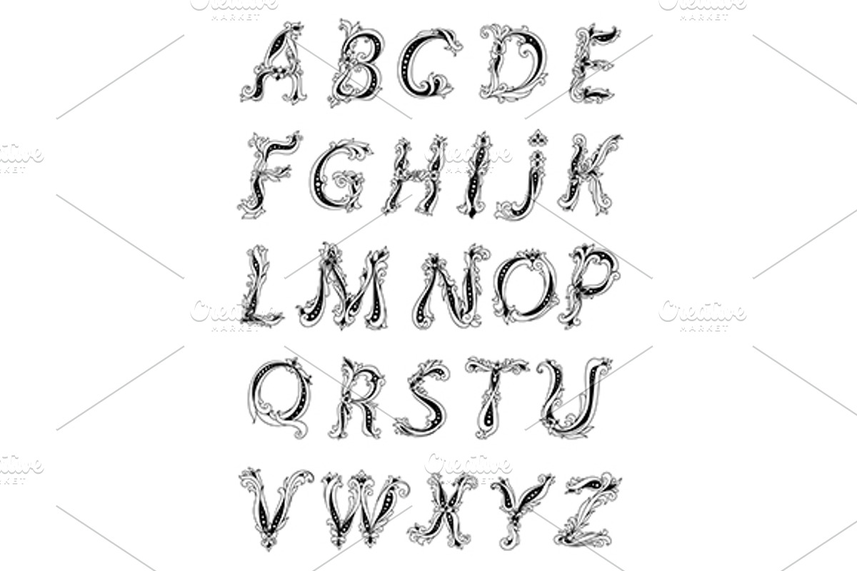 Flowers outlined alphabet with flora