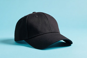 Stylish black cap resting on a blue background, perfect for casual outfits and, a Photo by AlyaAnd
