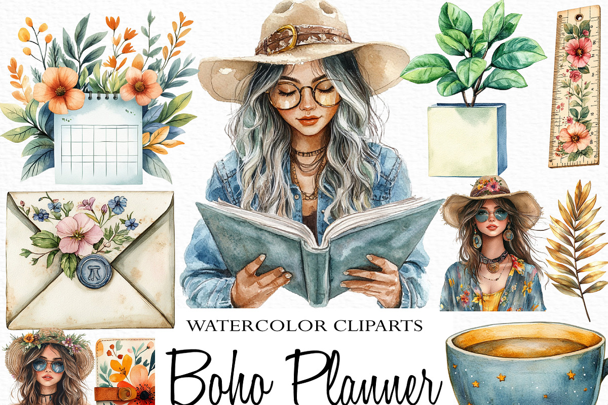 Watercolor Boho Planner Clipart, an Illustration by Craft Nest (Photo 1 of 6)