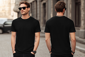 A stylish young man wearing a plain black t-shirt mockup and sunglasses, standi, a Shirt Mockup by Textures & Backgrounds