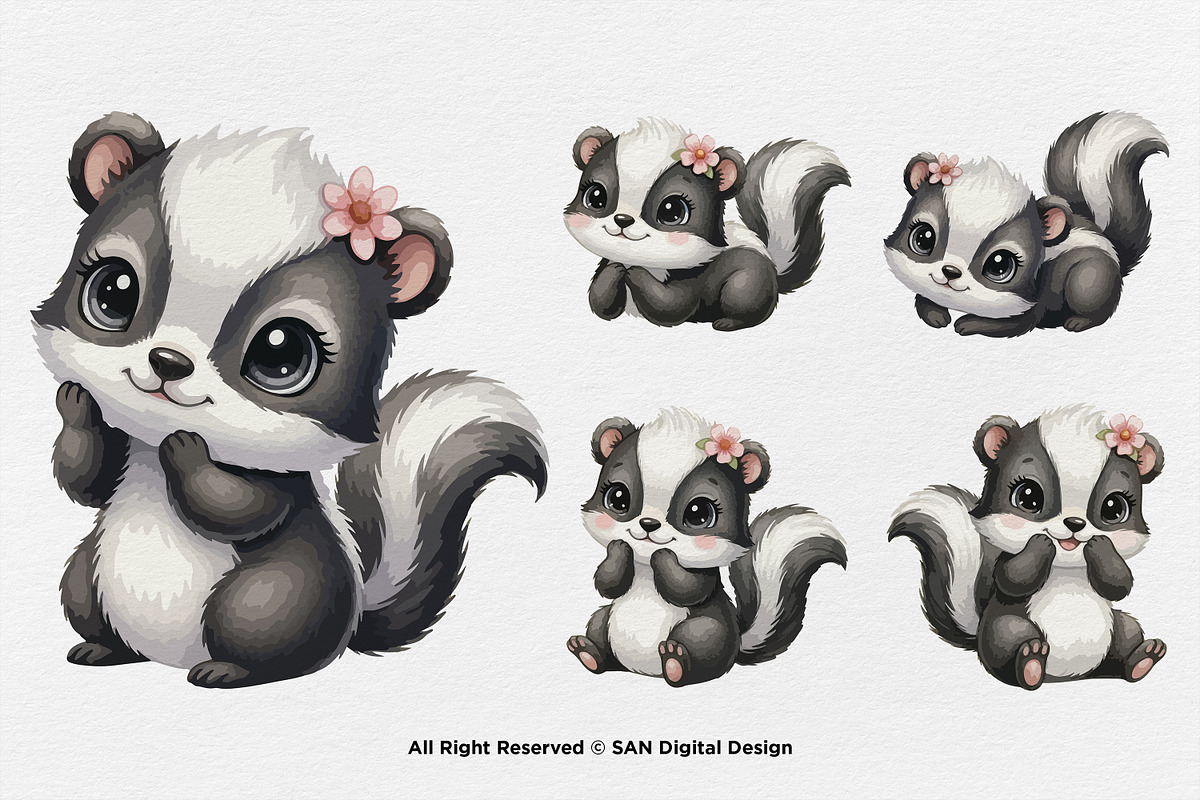 15 Bundle Watercolor Skunk Girl Cute, an Animal Illustration by Morspective (Photo 6 of 8)