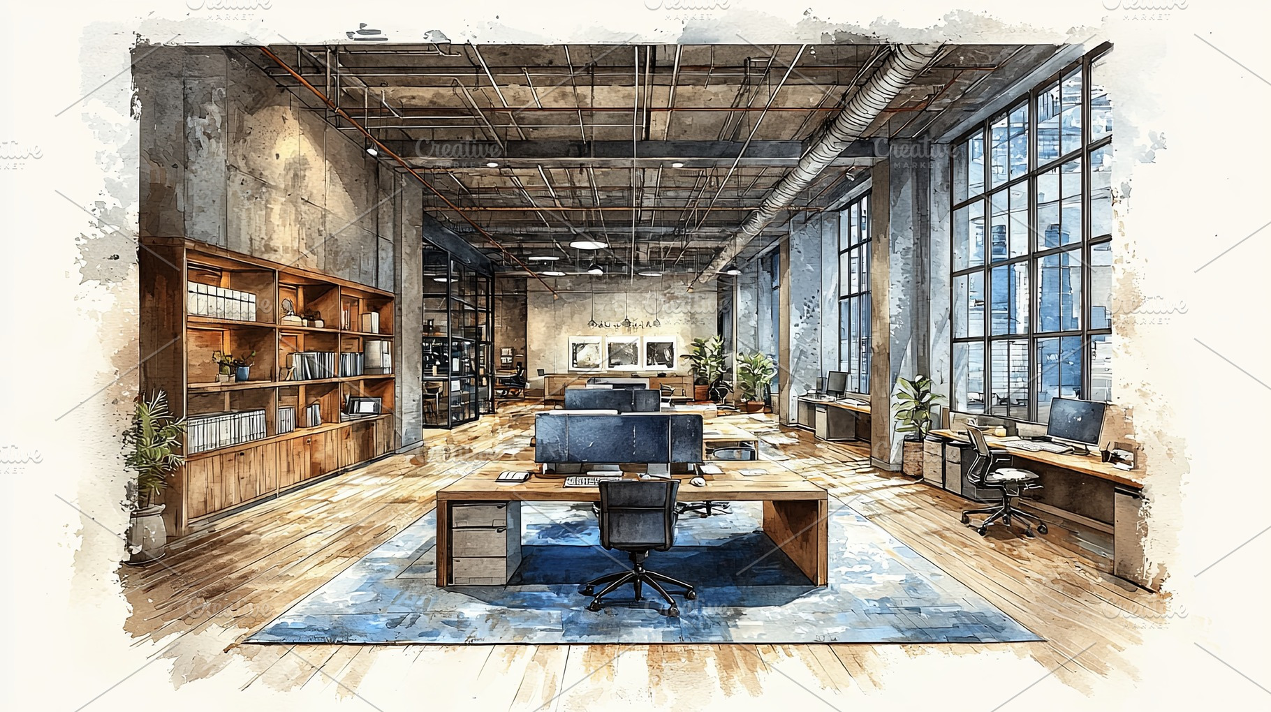 Modern coworking office interior featuring open space with industrial style des, a Photo by AS photostudio