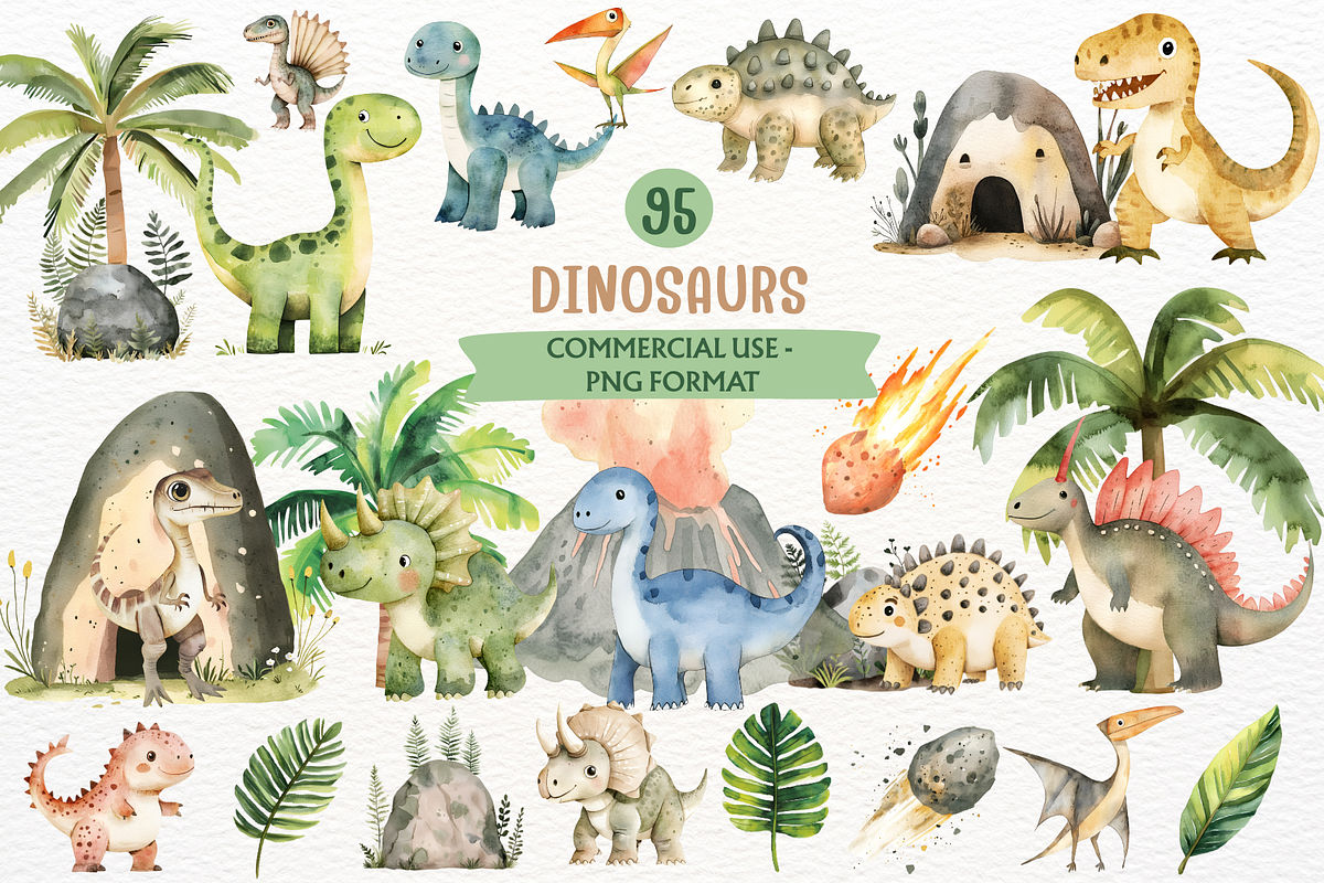 Cute Dinosaur Watercolor Cliparts, an Animal Illustration by SugarCloudStudioArt (Photo 1 of 6)