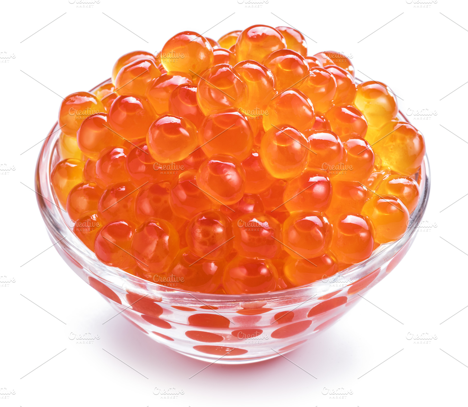 Red caviar in the bowl on white back, a Photo by Volff