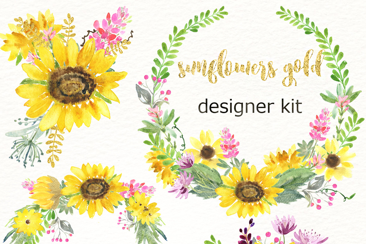 -50% Sunflowers watercolor flowers, a Texture Illustration by LABFcreations (Photo 8 of 11)