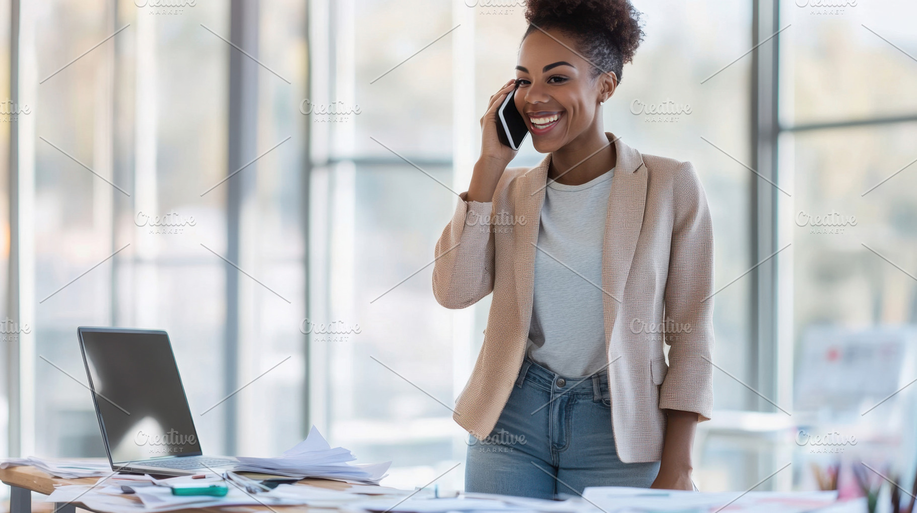 Smiling woman on phone at work, a Photo by Beautiful things