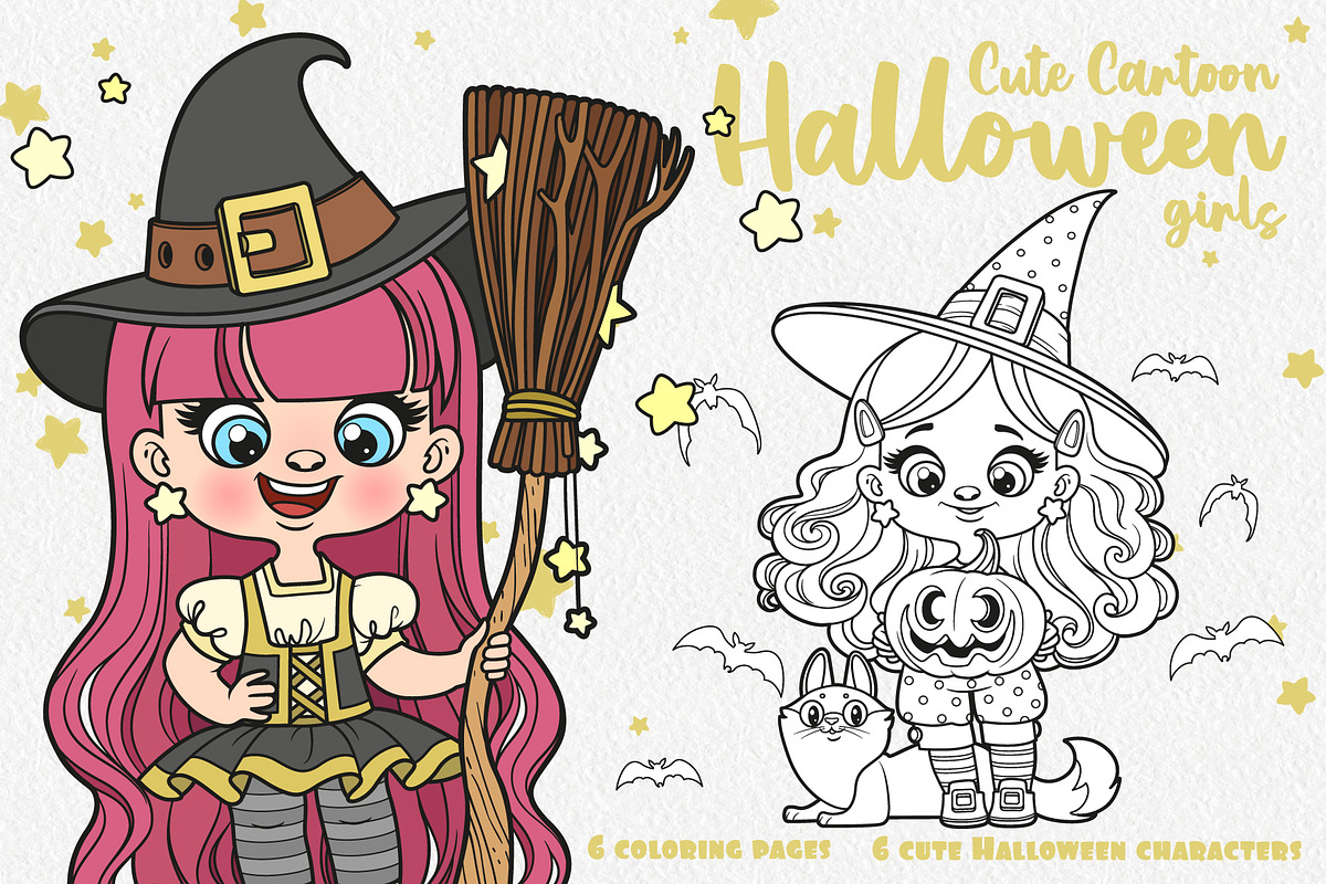 Cute cartoon Halloween witch girls, an Illustration by Azuzlikus (Photo 1 of 4)