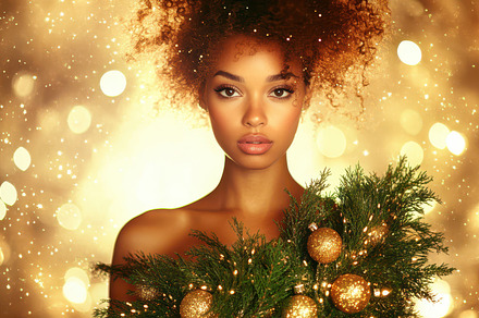 Beautiful woman holding Christmas branches and golden ornaments, surrounded by, a Holiday Photo by Mashimara