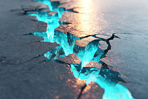 A bright blue light emits from a crack in a textured stone surface at dusk, cre, a Background Photo by AlyaAnd