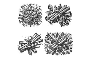 Cinnamon Stick engraving set vector, a Food Illustration by AlexArt