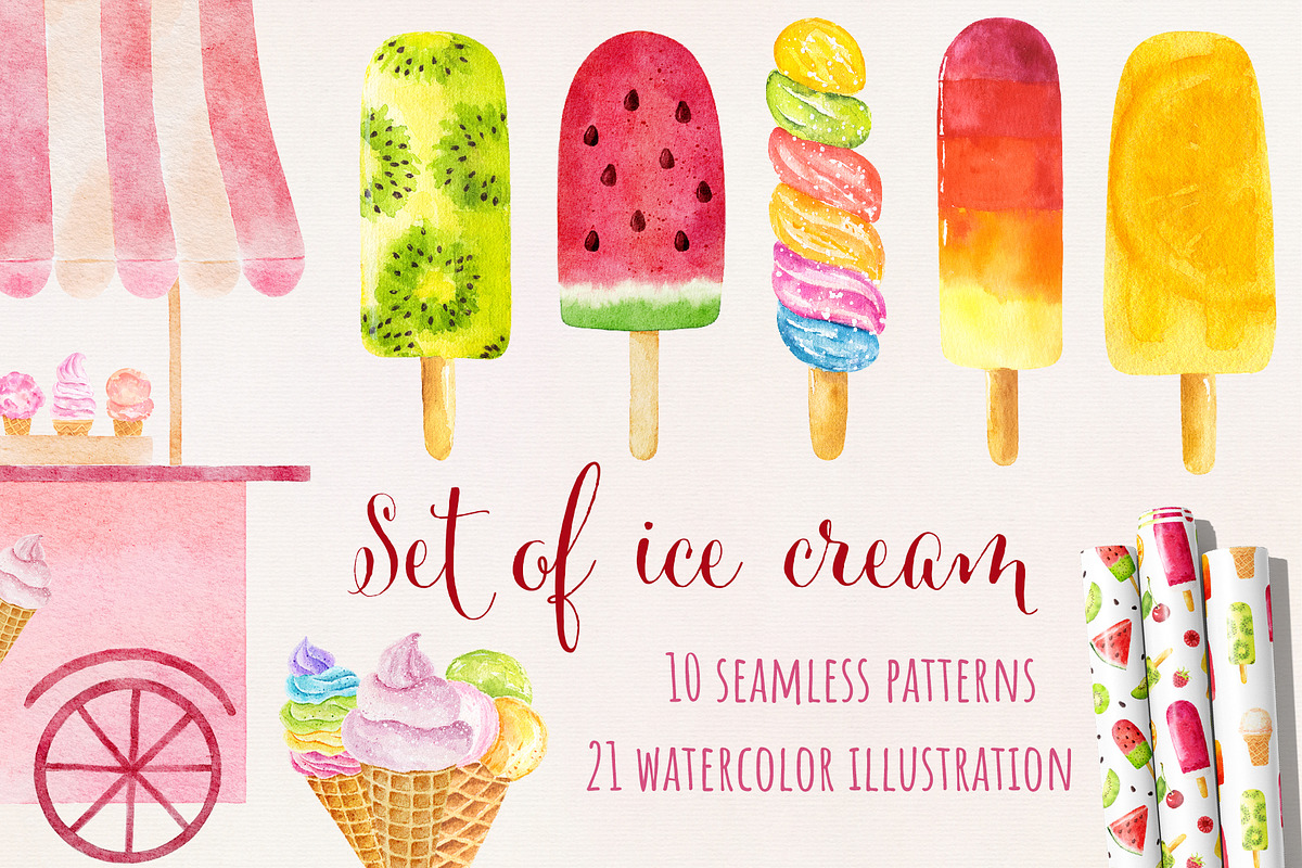 Ice cream watercolor collection, a Food Illustration by Nataliia Pyzhova (Photo 1 of 8)
