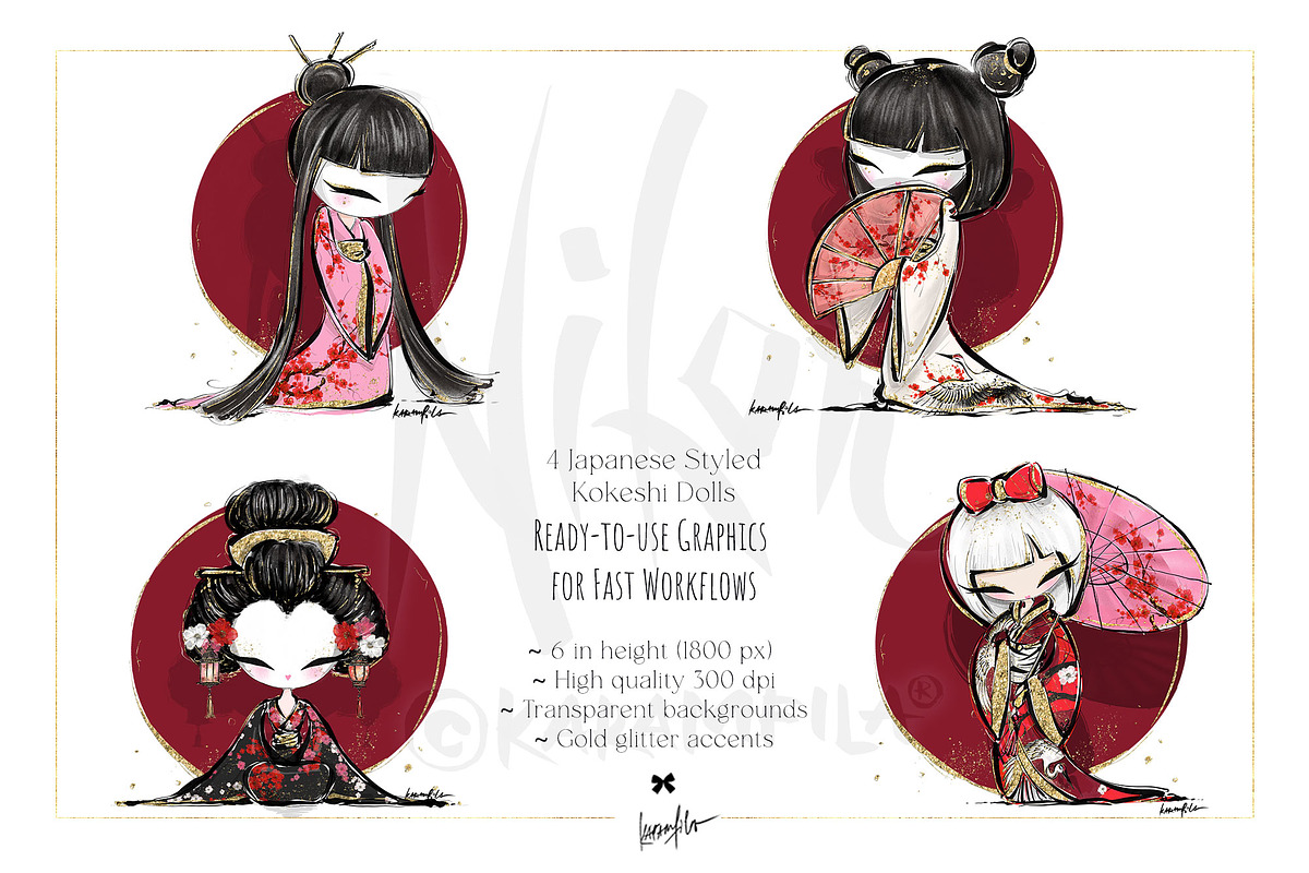 Japanese Kokeshi Dolls Clipart こけし, a Decorative Illustration by KaramfilaS (Photo 2 of 10)