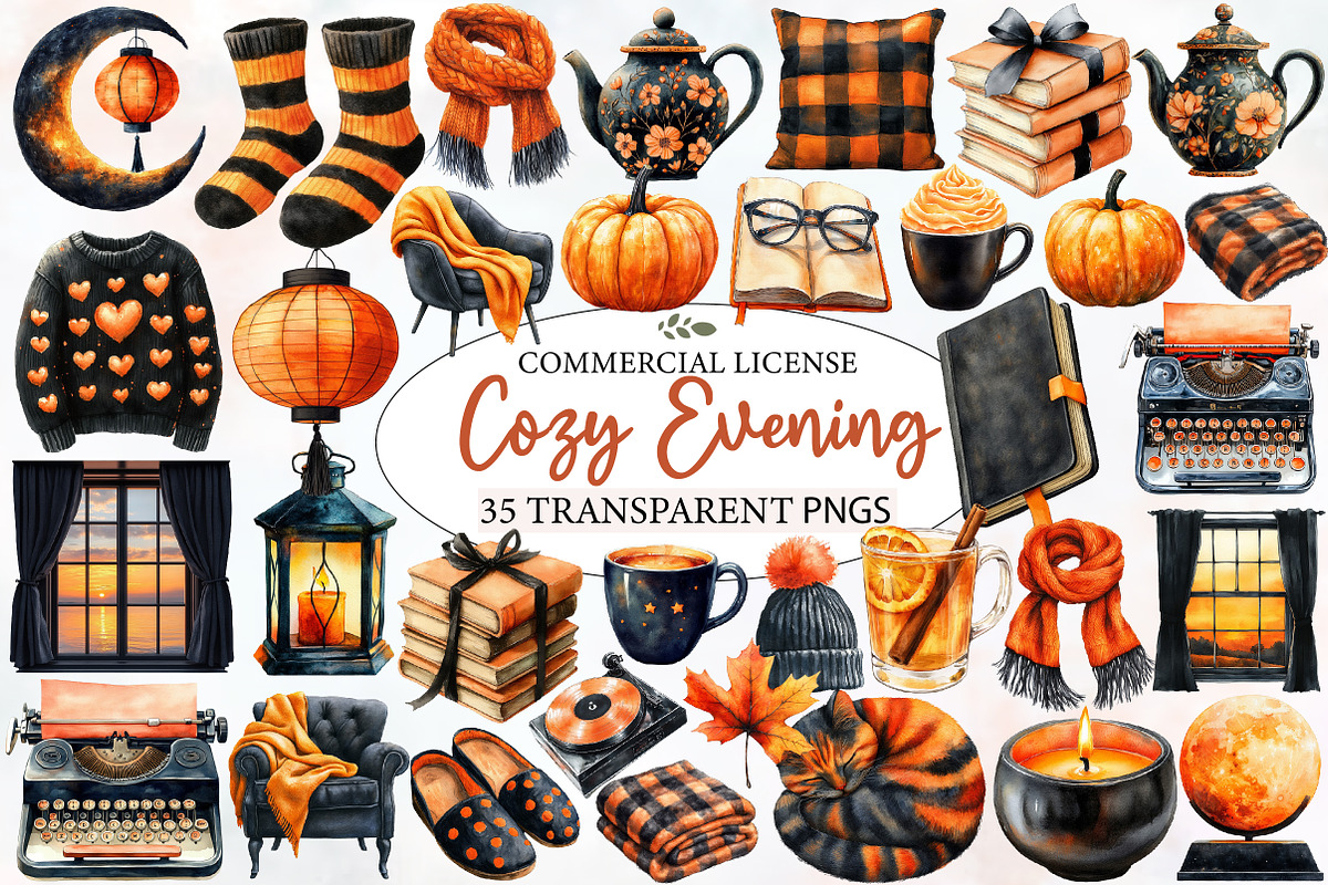 Watercolor Cozy Evening Clipart, an Illustration by Designworld (Photo 1 of 5)