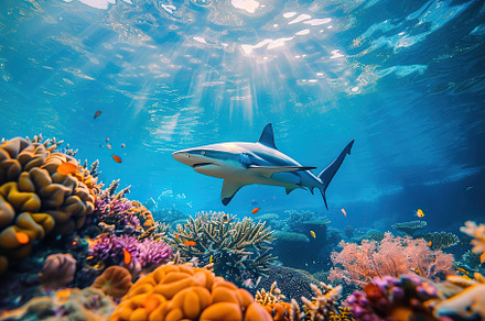 Big blue shark swims in clean water near coral reefs, an Animal Photo by AlyaAnd