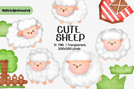 Watercolor  set of cute sheep.