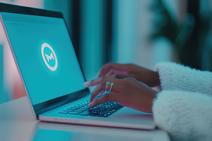 Individual using a laptop with a glo, a Photo by Tanuart