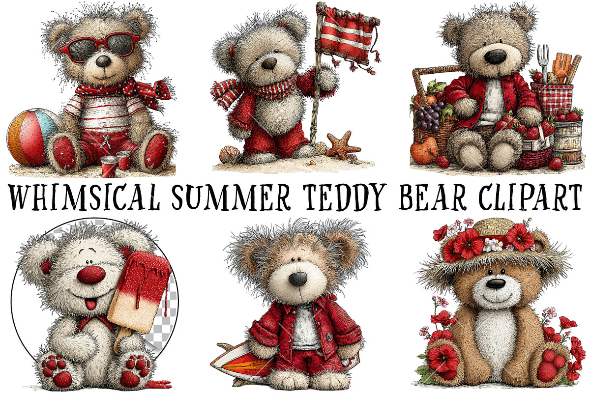 Whimsical Summer Teddy Bear Clipart, an Illustration by OK Design (Photo 2 of 6)