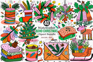 Watercolor Boho Christmas Clipart, an Illustration by Canvas Craft