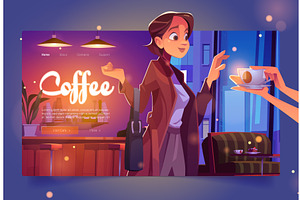 Coffee Banner With Woman In Cafe