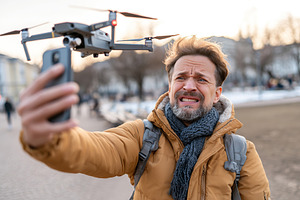 Man attempts to capture a selfie with a drone outdoors during sunset, a Person Photo by AlyaAnd