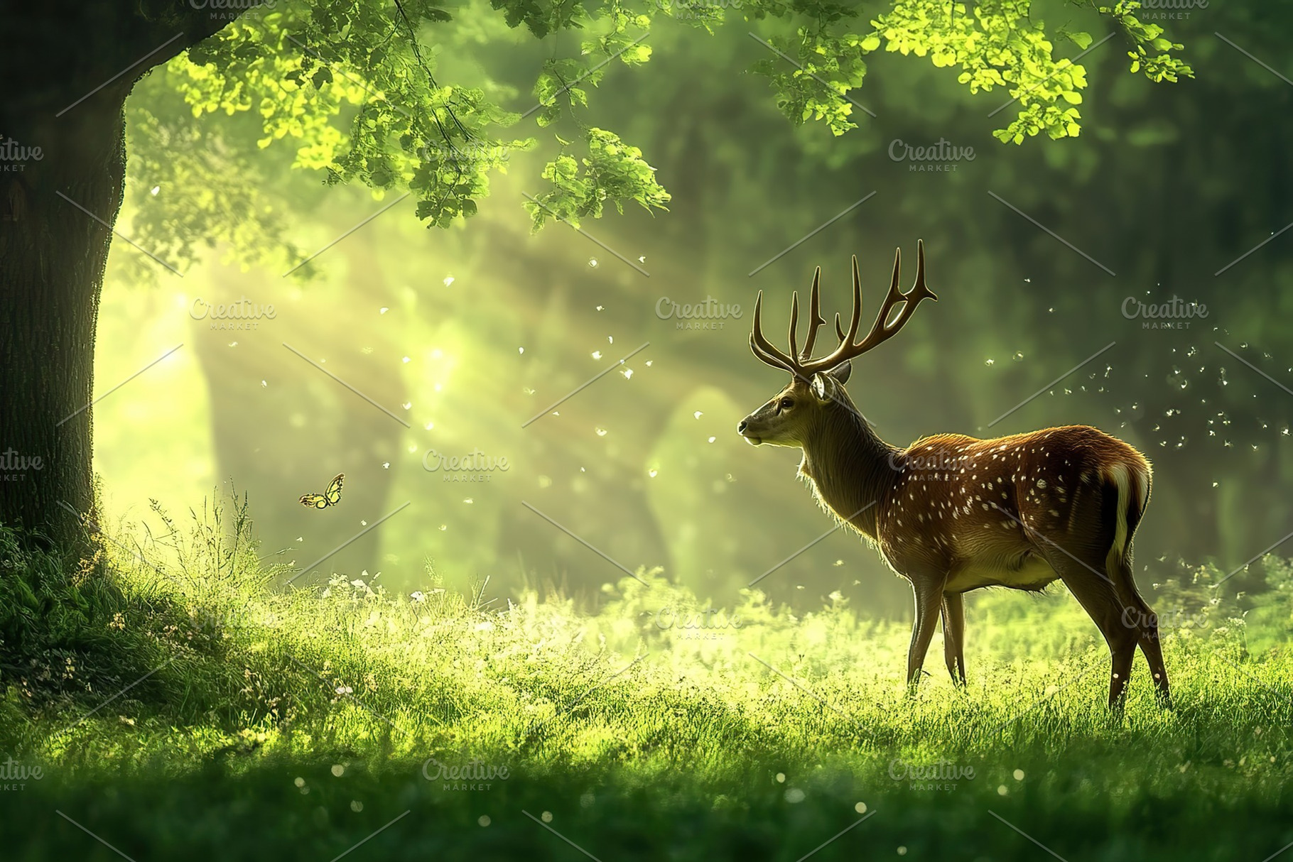 Adult deer with horns standing in a green meadow in summer nature, an Animal Photo by AlyaAnd