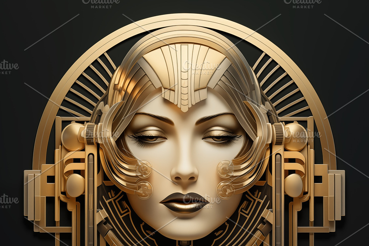 A stylized, golden art deco portrait of a woman with intricate geometric patter, a Background Graphic by Textures & Backgrounds