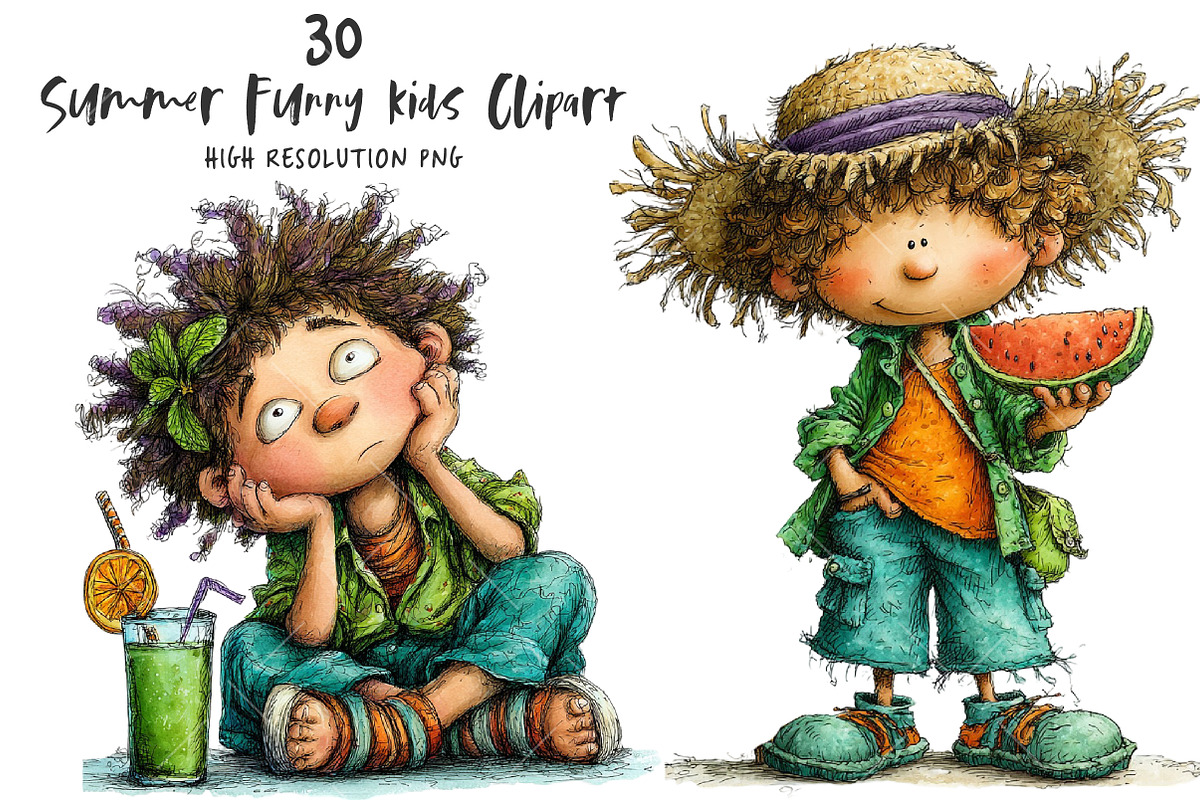 Whimsical Summer Funny Kids Clipart, an Illustration by OK Design (Photo 1 of 6)