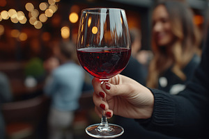 Hand holding a glass of red wine in, a Photo by Tanuart