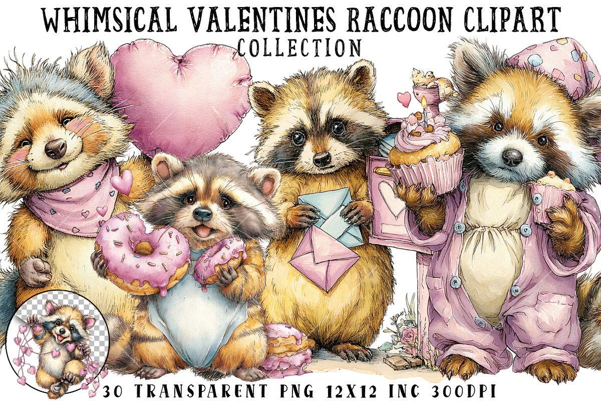 Whimsical Valentine Raccoon Clipart, an Illustration by OK Design (Photo 1 of 6)