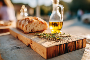 Freshly baked bread and rosemary on a wooden cutting board with olive oil nearb, a Food & Drink Photo by AlyaAnd
