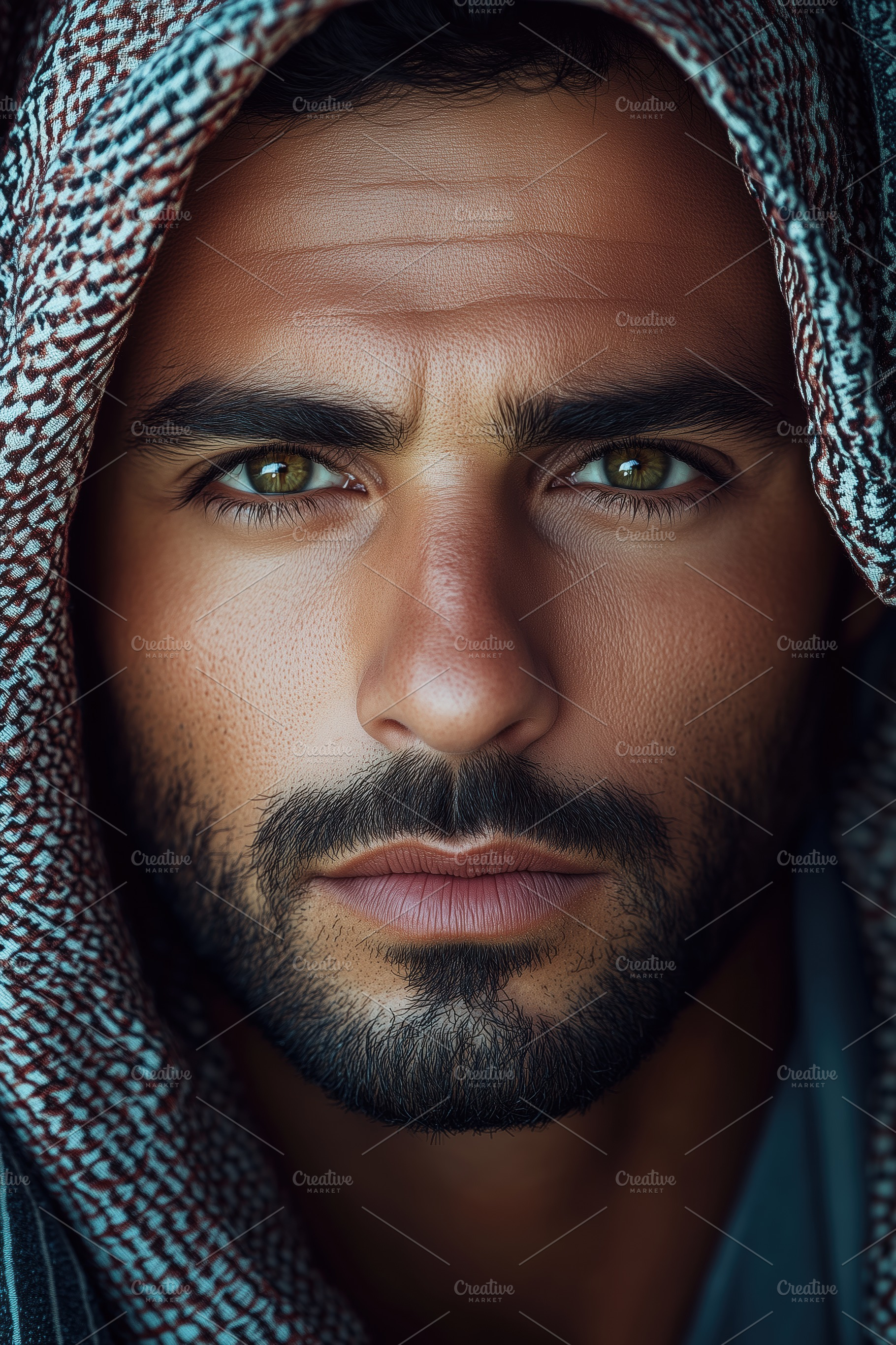 A close-up portrait of a arabic man with striking green eyes and a well-groomed, a Person Photo by Textures & Backgrounds