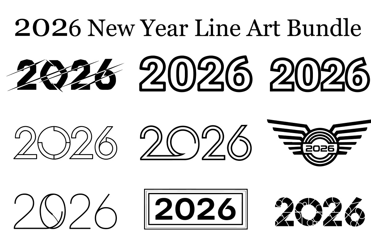 2026 New Year Line Art Bundle, an Illustration by hafijul (Photo 1 of 11)