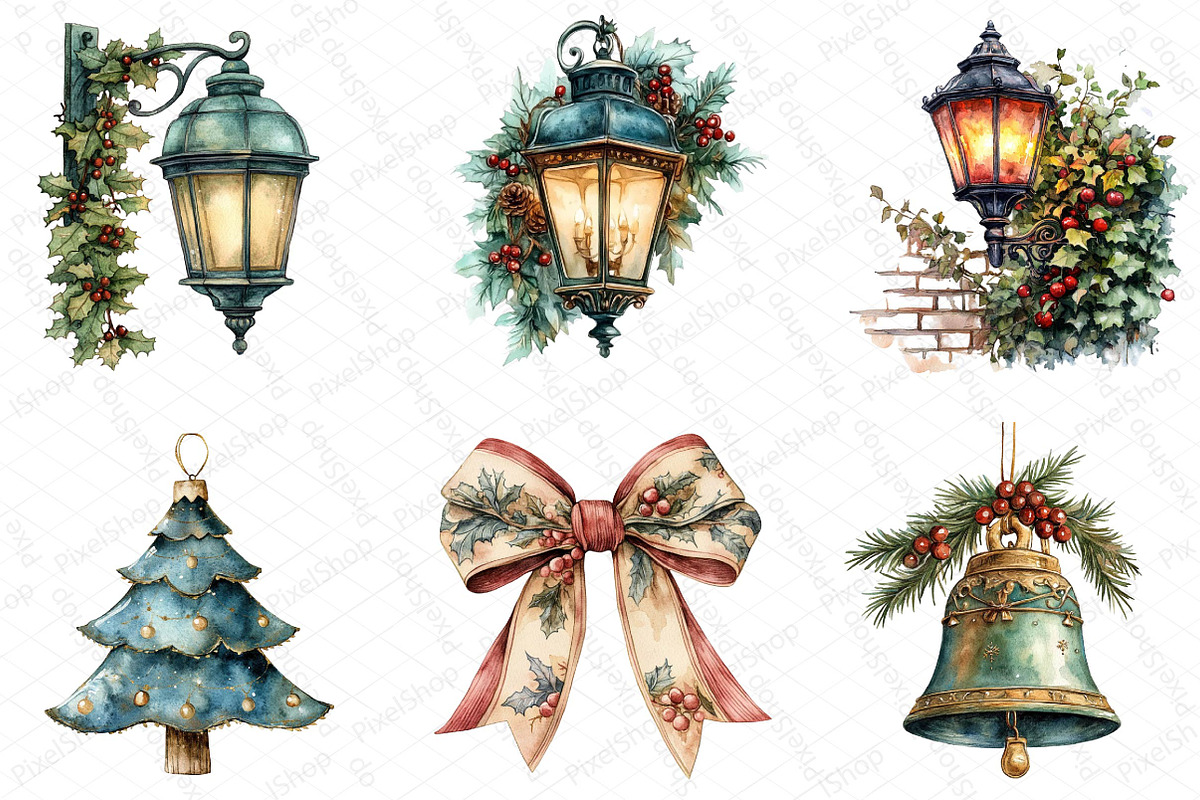 Watercolor Vintage Old Christmas Cli, an Illustration by DreamPrint404 (Photo 3 of 6)