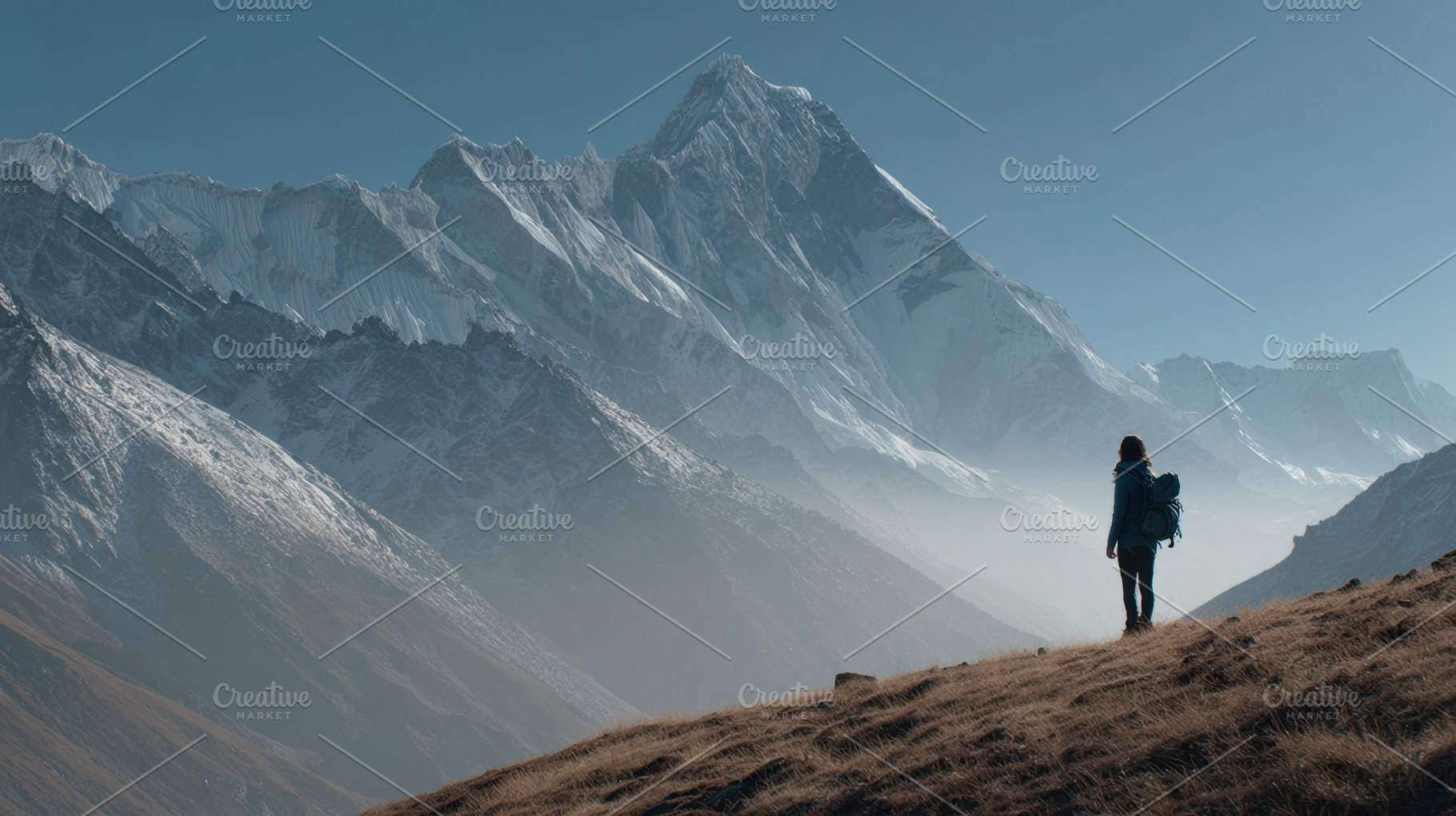 Hiker at sunrise in mountains, a Photo by Beautiful things