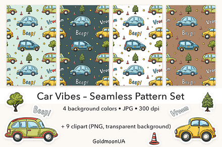 Car Vibes Patterns & Clipart, a Transportation Illustration by GoldmoonUA