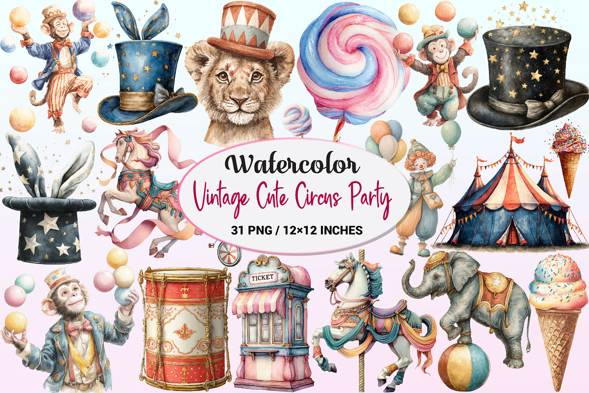 Vintage Watercolor Cute Circus Party, a Graphic by CitraGraphics (Photo 1 of 4)