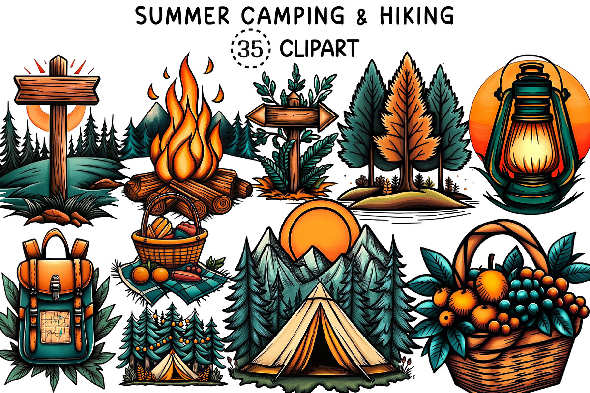 Summer Camping & Hiking Clipart, a Seasonal Illustration by Creative Art (Photo 1 of 8)