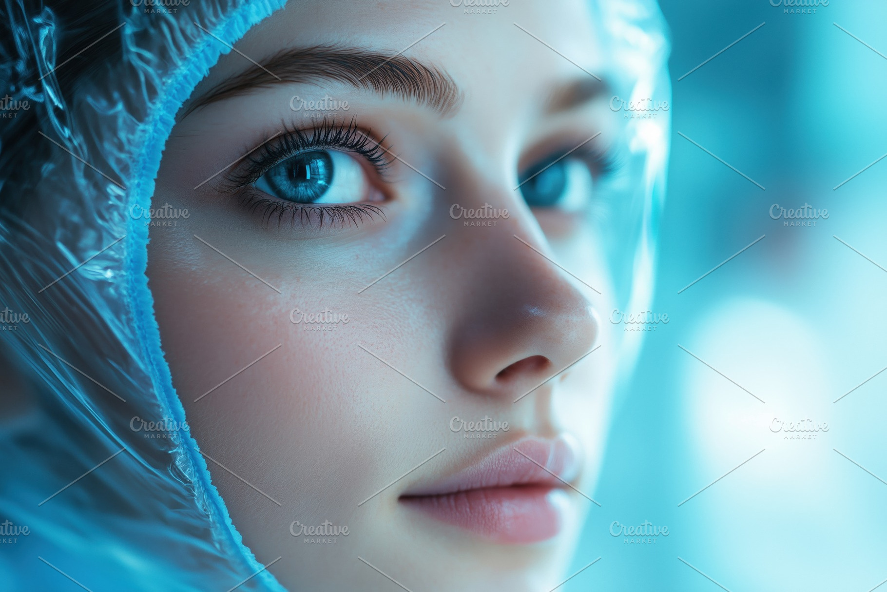 Close-up portrait of a young woman esthetic technologist with striking blue eye, a Person Photo by Textures & Backgrounds
