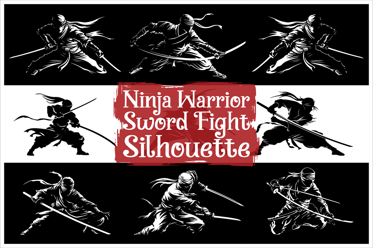 Martial Arts Ninja Silhouette Set, an Illustration by hafijul