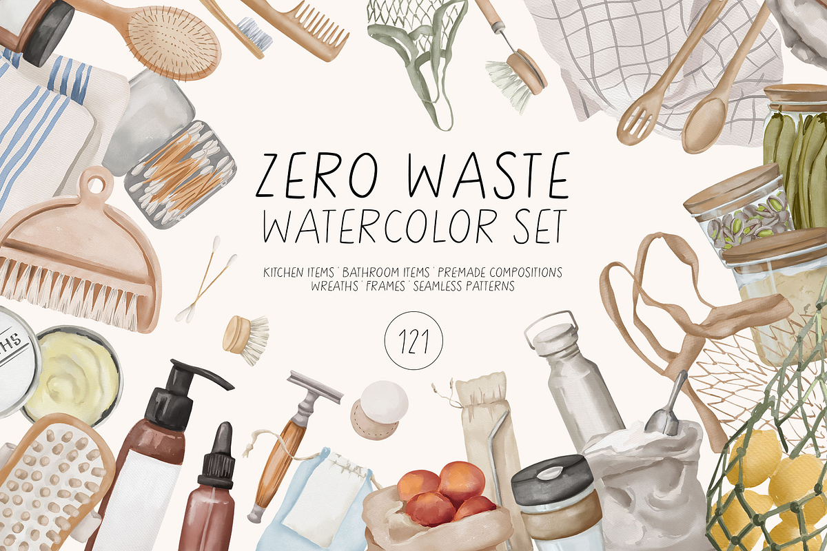 ZERO WASTE watercolor set, an Object Illustration by Yuliia Lashevska (Photo 1 of 14)