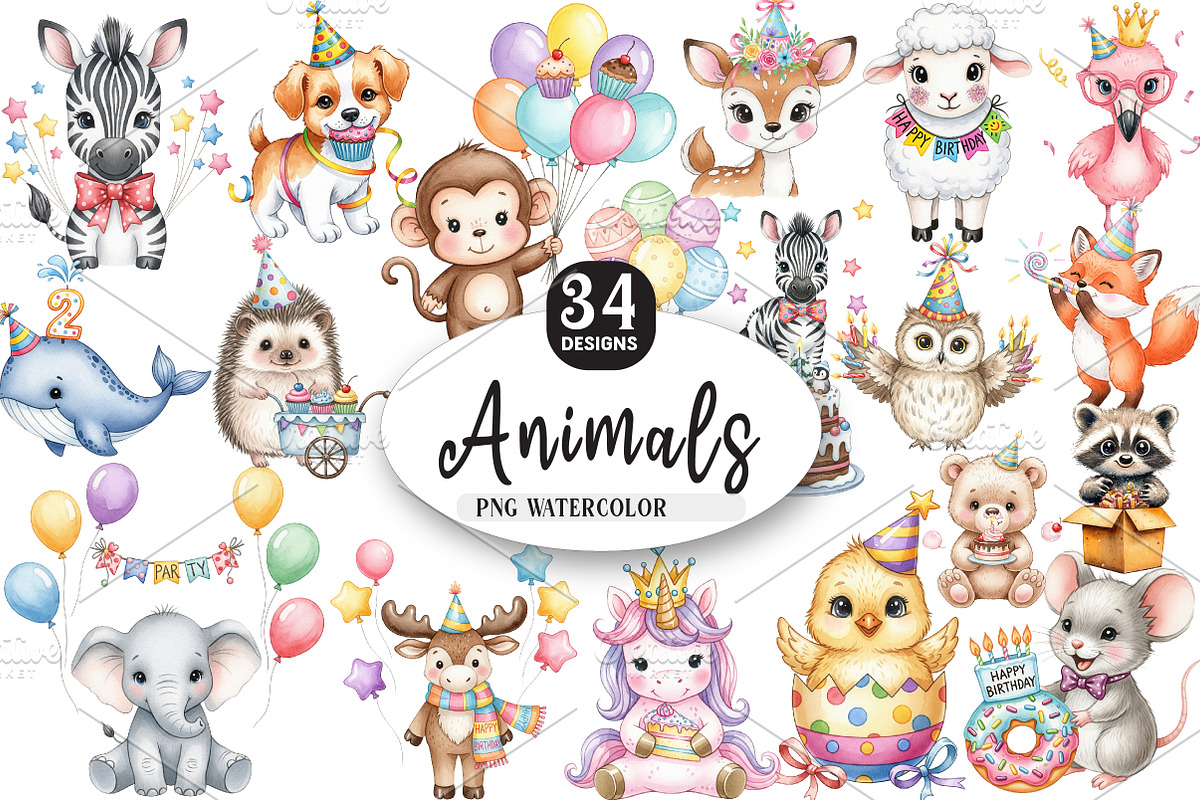 Birthday Baby Animal Clipart, Party, an Illustration by Watercolor design (Photo 1 of 4)
