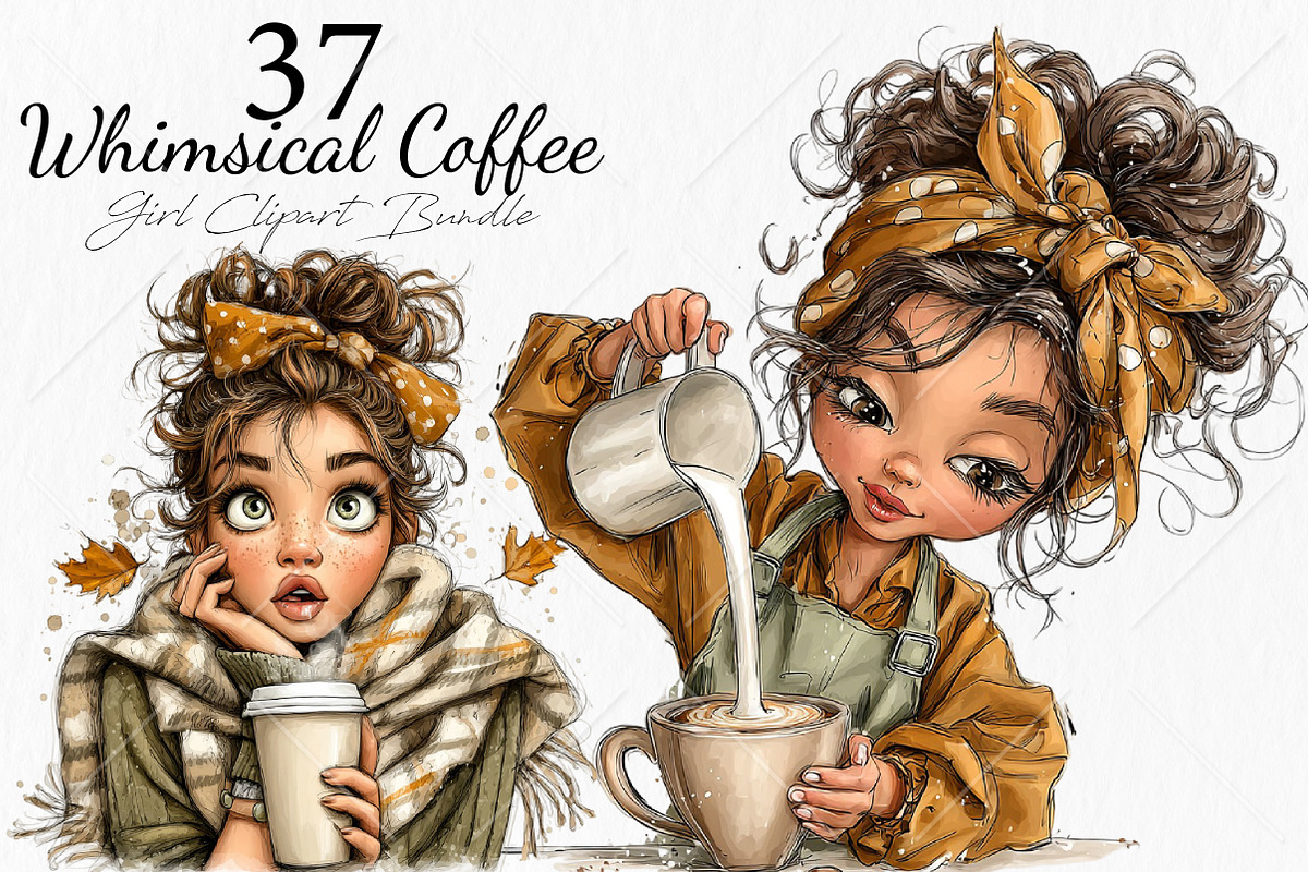 Whimsical Coffee Girl Clipart Bundle, a Seasonal Illustration by Canvas Craft (Photo 1 of 10)
