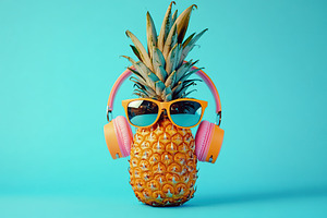 Fun pineapple wearing headphones and sunglasses against a bright blue backgroun, a Beauty & Fashion Photo by AlyaAnd